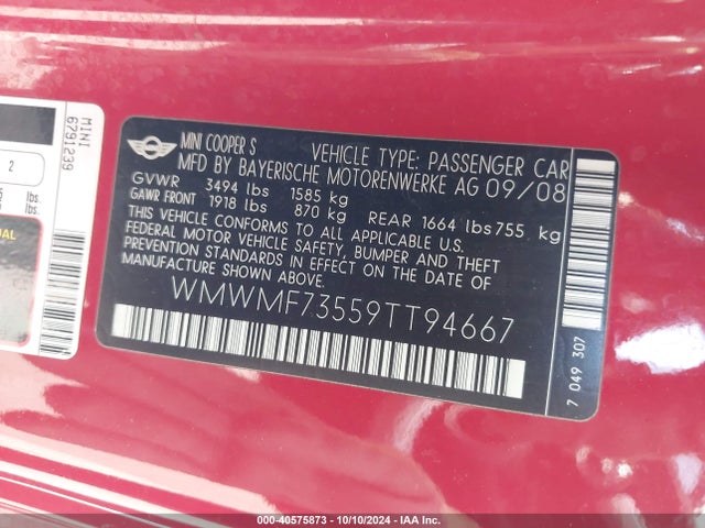 2009 MINI COOPER S WMWMF73559TT94667 Photo 8