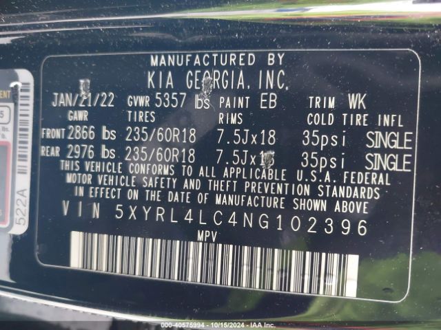 5XYRL4LC4NG102396 KIA SORENTO S