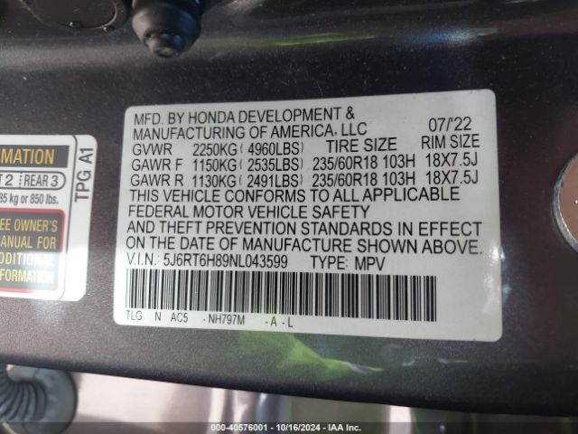 5J6RT6H89NL043599 Honda Cr-v Hybrid Ex-l