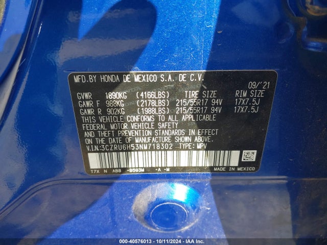 Honda Hr-v Awd Ex 2022 3CZRU6H53NM718302 Image 9