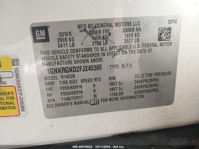 Chevrolet Traverse 1lt 2015 1GNKRGKD2FJ245366 Image 9
