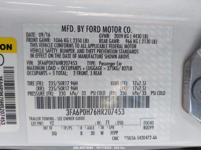 3FA6P0H76HR207453 Ford FUSION SE