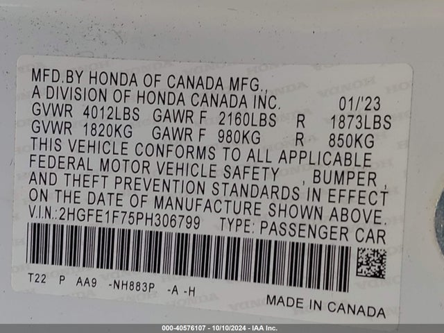Honda Civic Ex /ex W/o Bsi 2023 2HGFE1F75PH306799 Image 9