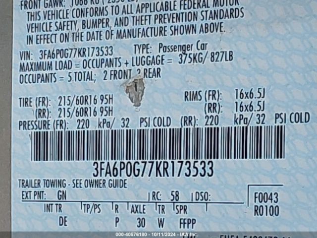 3FA6P0G77KR173533 Ford FUSION S