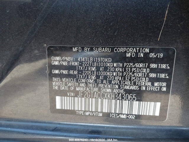 Subaru Crosstrek 2.0i Premium 2019 JF2GTACCXKH343065 Image 9