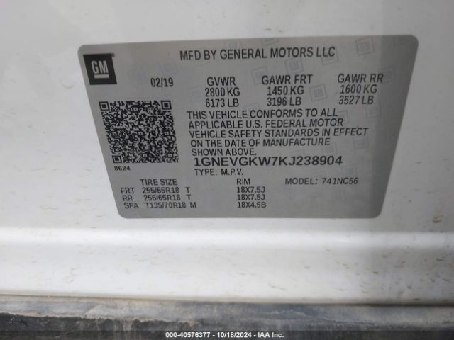 1GNEVGKW7KJ238904 Chevrolet Traverse 1lt