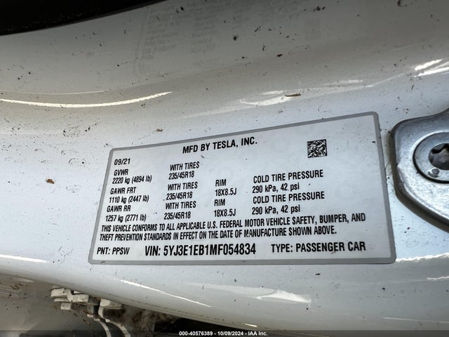 2021 TESLA MODEL 3 5YJ3E1EB1MF054834 Photo 8