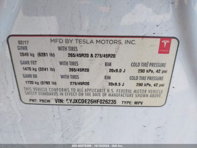 5YJXCDE26HF026235 Tesla Model X 100d/75d/90d
