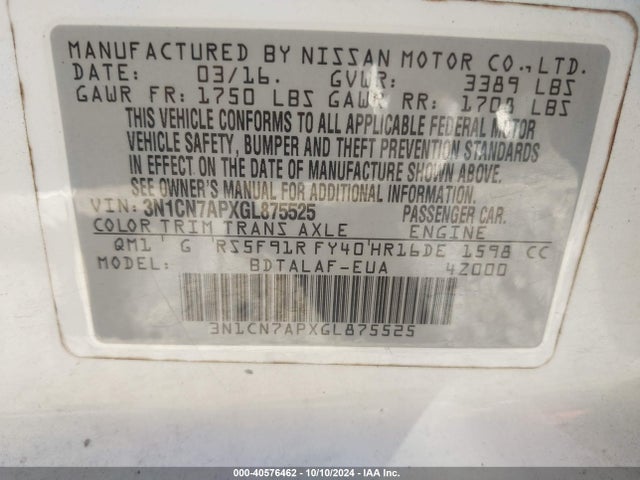 Nissan Versa 1.6 S 2016 3N1CN7APXGL875525 Image 9