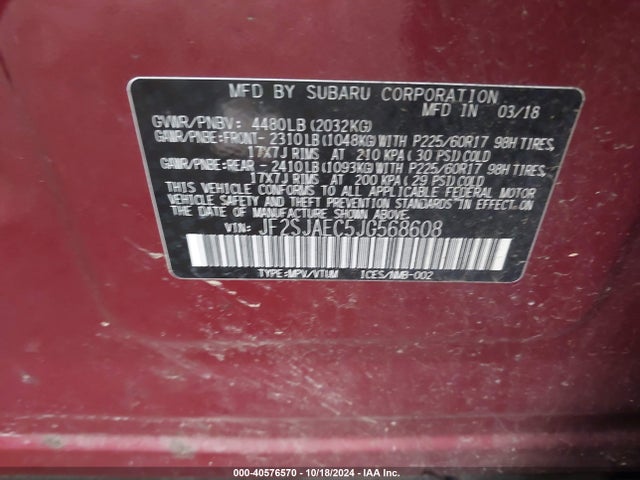 Subaru Forester 2.5i Premium 2018 JF2SJAEC5JG568608 Image 9
