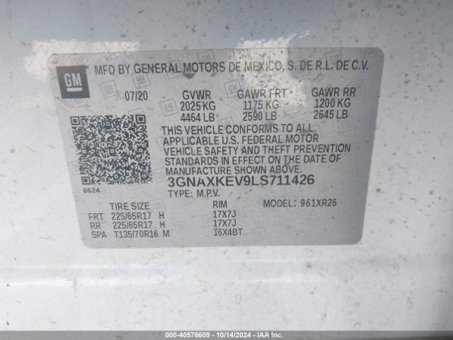 3GNAXKEV9LS711426 Chevrolet Equinox Fwd Lt 1.5l Turbo