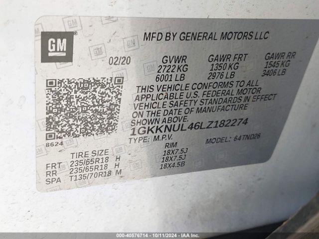 1GKKNUL46LZ182274 GMC Acadia Awd Slt