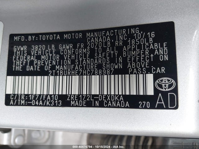 2T1BURHE7HC788987 Toyota COROLLA L