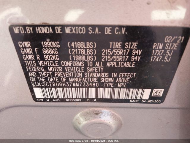 3CZRU6H37MM733480 Honda Hr-v Awd Lx