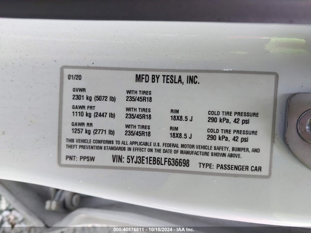 2020 TESLA MODEL 3 5YJ3E1EB6LF636698 Photo 8