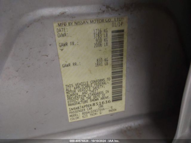 1N4AB7AP9EN851636 Nissan Sentra Fe+ S/fe+ Sv/s/sl/sr/sv