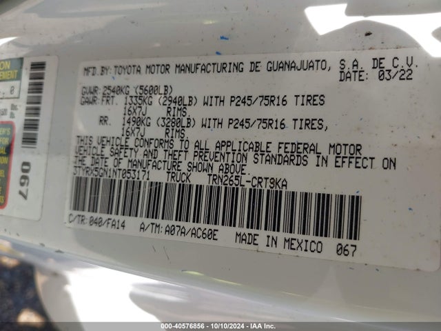 Toyota Tacoma Sr 2022 3TYRX5GN1NT053171 Image 9