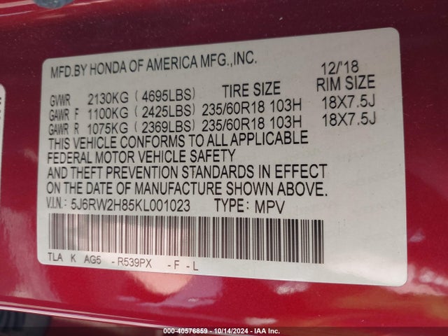 Honda Cr-v Ex-l 2019 5J6RW2H85KL001023 Image 9
