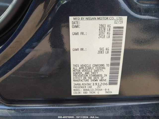 Nissan Altima 2.5 Sl 2019 1N4BL4EV3KC191206 Image 9