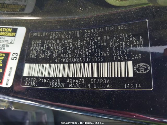 4T1K61AK6NU076055 Toyota CAMRY XSE