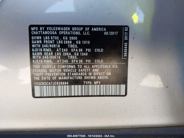 1V2CR2CA7JC528684 Volkswagen Atlas 3.6l V6 Se
