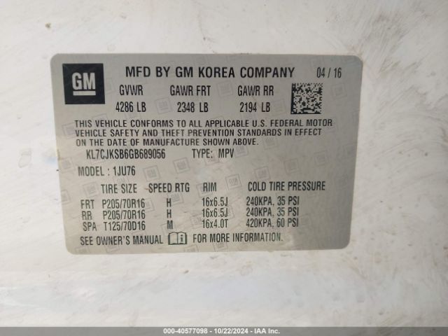 KL7CJKSB6GB689056 Chevrolet Trax 1ls