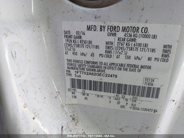 Ford F-250 Xl 2016 1FT7X2A62GEC22478 Image 9