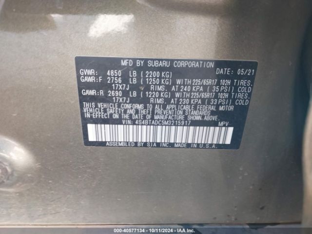 4S4BTADC5M3215917 Subaru Outback Premium