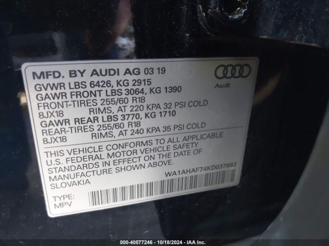 WA1AHAF74KD037663 Audi Q7 45 Premium/45 Se Premium