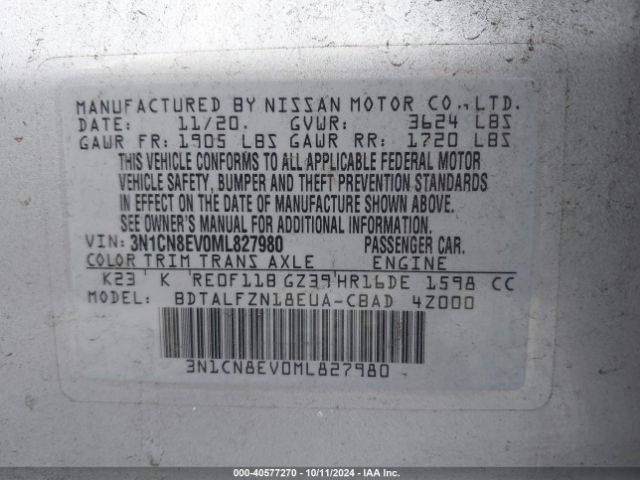 3N1CN8EV0ML827980 Nissan Versa Sv Xtronic Cvt