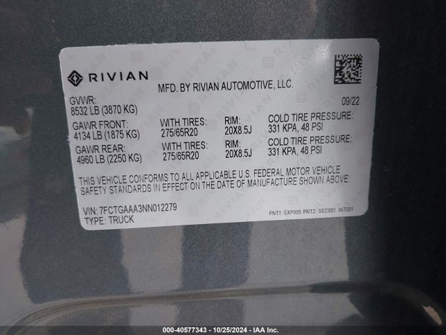 Rivian R1t Adventure 2022 7FCTGAAA3NN012279 Image 9