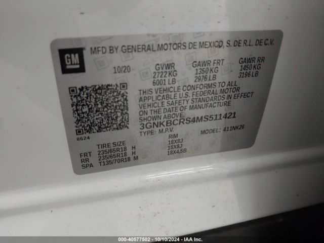3GNKBCRS4MS511421 Chevrolet Blazer Fwd 2lt
