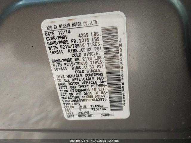 JN8AS5MT9FW652836 Nissan Rogue Select S
