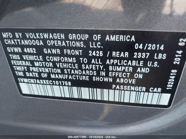 1VWCN7A3XEC101758 Volkswagen Passat 2.0l Tdi Sel Premium