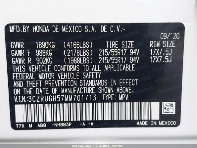 3CZRU6H57MM701713 Honda Hr-v Awd Ex