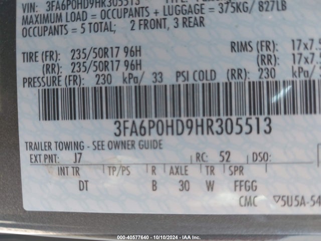 Ford FUSION SE 2017 3FA6P0HD9HR305513 Image 9