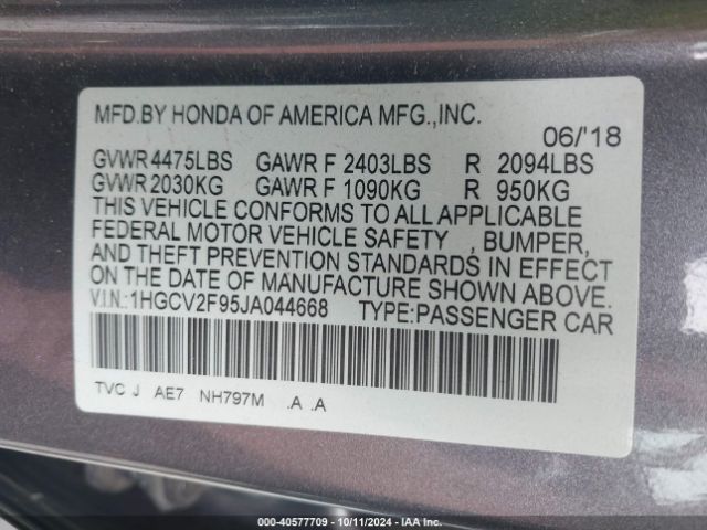 1HGCV2F95JA044668 Honda Accord Touring 2.0t