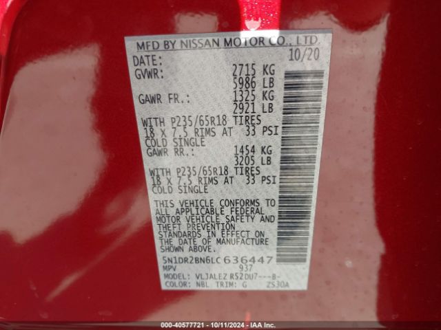 5N1DR2BN6LC636447 Nissan Pathfinder Sv 2wd