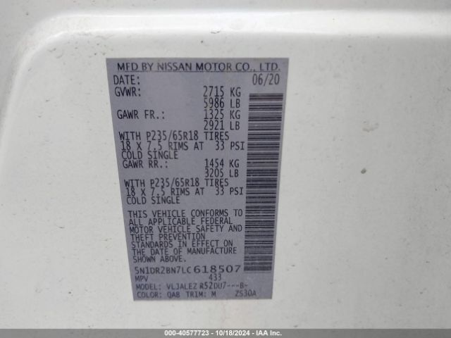 5N1DR2BN7LC618507 Nissan Pathfinder Sv 2wd