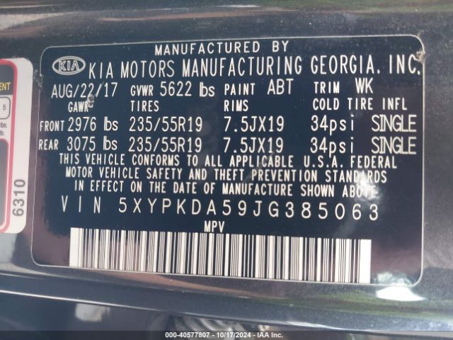 5XYPKDA59JG385063 KIA Sorento 3.3l Sx