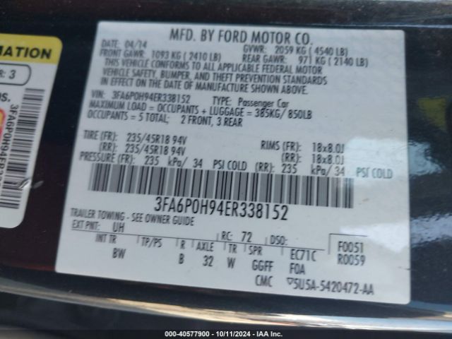 3FA6P0H94ER338152 Ford FUSION SE