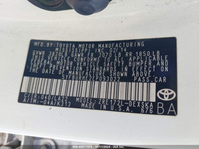 5YFBURHE2EP093022 Toyota Corolla S Premium