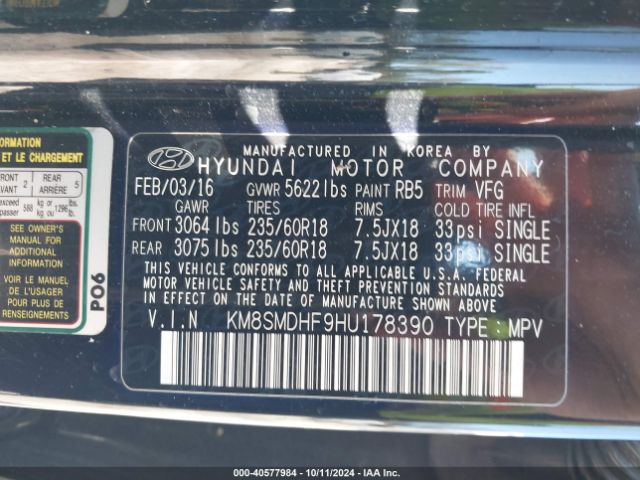 Hyundai Santa Fe Se 2017 KM8SMDHF9HU178390 Image 9