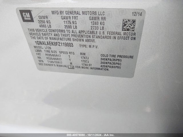 Chevrolet EQUINOX LS 2015 1GNALAEK8FZ119003 Image 9