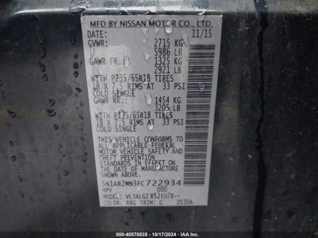 5N1AR2MN3FC722934 Nissan Pathfinder Sl