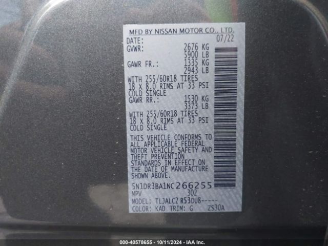 5N1DR3BA1NC266255 Nissan Pathfinder Sv 2wd