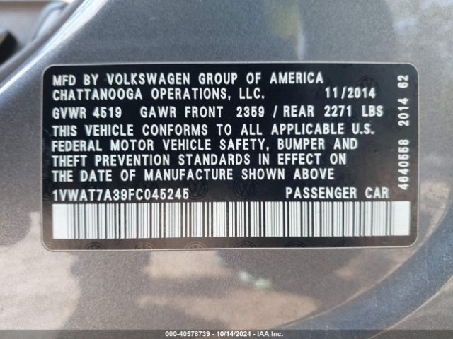 1VWAT7A39FC045245 Volkswagen Passat 1.8t Wolfsburg Edition