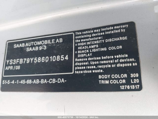 2008 SAAB 9-3 YS3FB79Y586010854 Photo 8