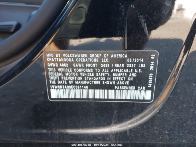 1VWCN7A33EC091140 Volkswagen Passat 2.0l Tdi Sel Premium