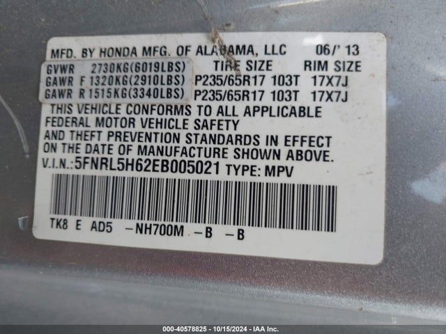 Honda Odyssey Ex-l 2014 5FNRL5H62EB005021 Image 9